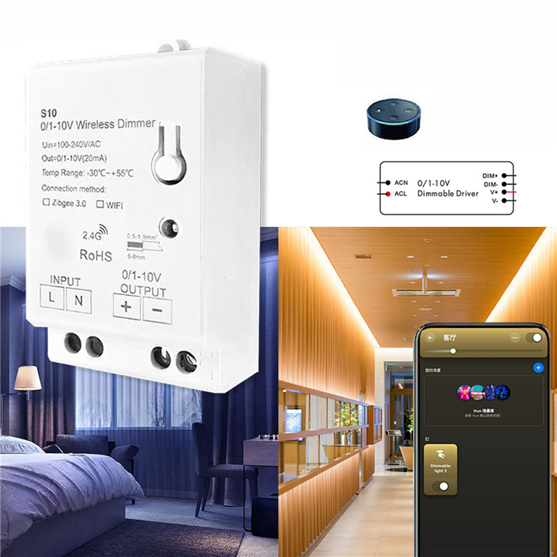 2X AC100-240V ZigBee 0/1-10V LED Light Dimmer Controller Smart Life Tuya Control App for 0-10V LED Dimmable Drive. 