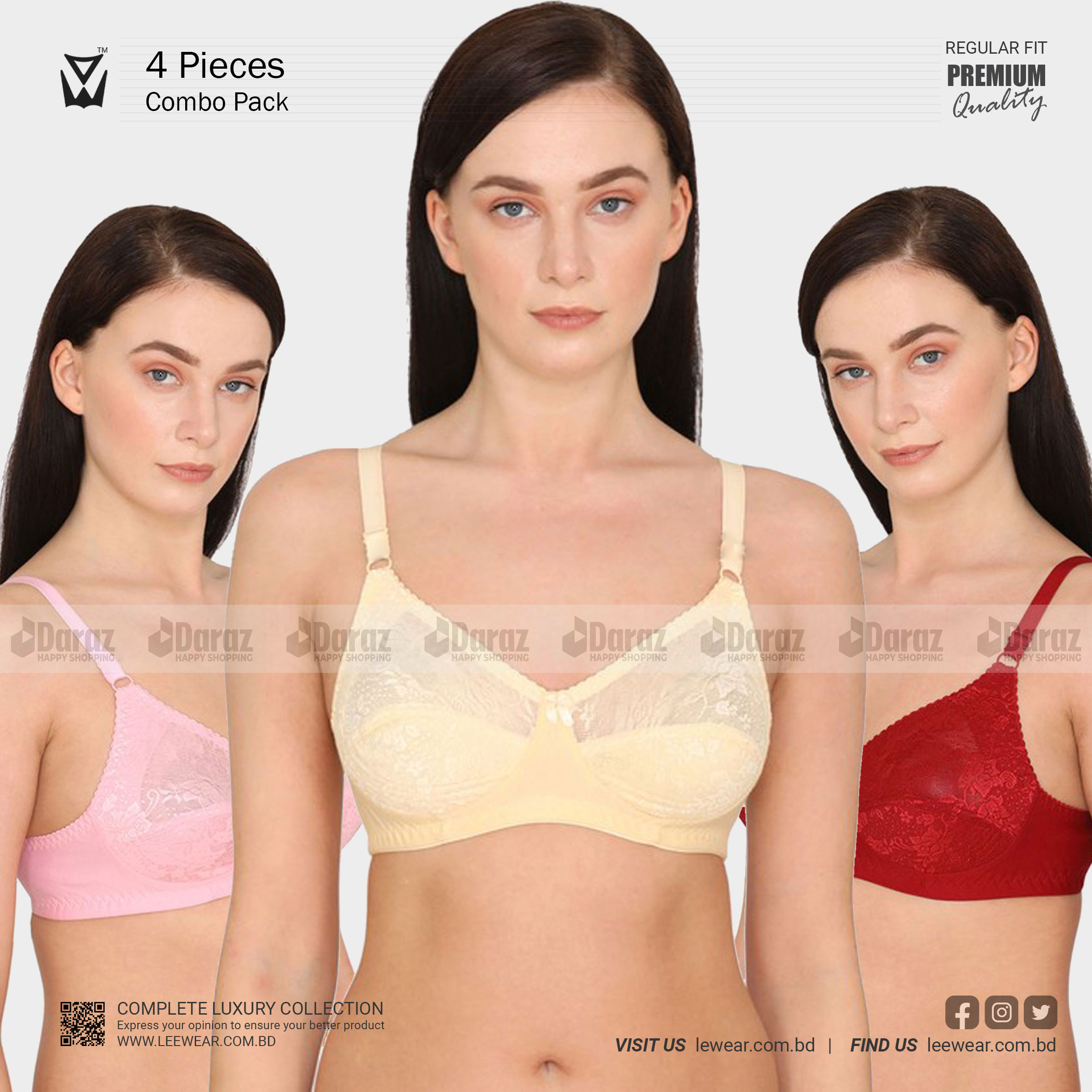 4 Pack 4 Color LeeWear Standard Lace All Ove Bra BR21110_Qty04