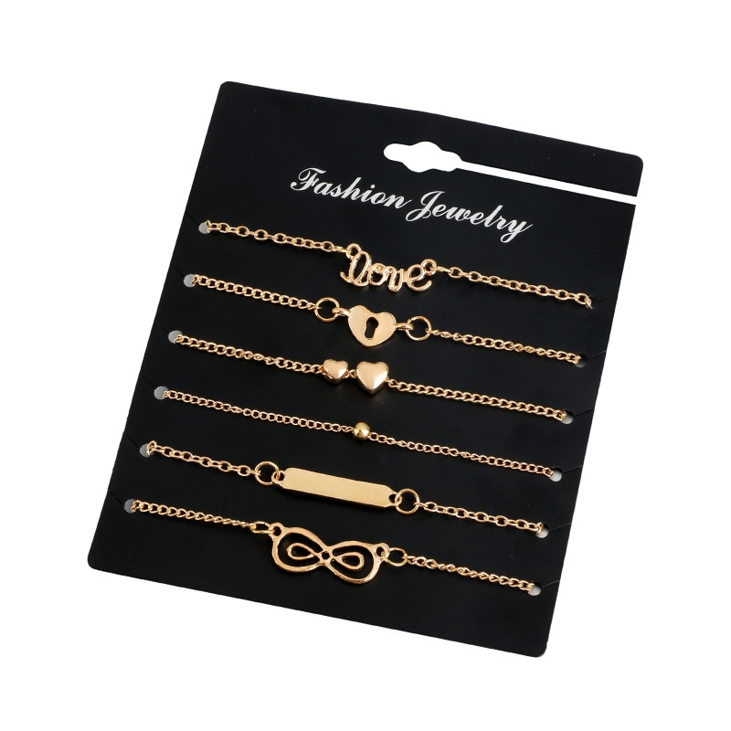 6pcs Trend Infinity 8 Bowknot Heart Key Charm Chain Bracelets Bangles Minimalist Women Tiny Set Party Jewelry