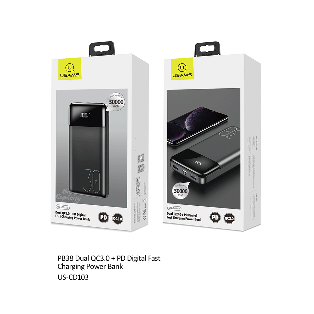 USAMS US-CD103 PB38 QC3.0+PD Fast Charge LED Power Display Power Bank 30000mAh. 