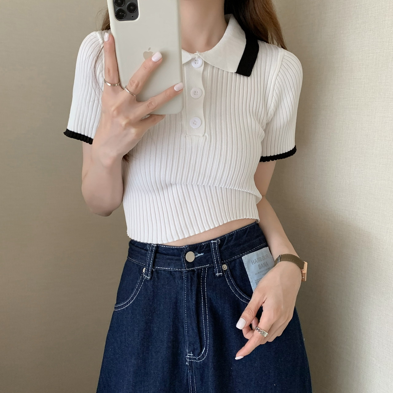 Knitted sweater for women, short-sleeved summer polo shirt with lapel for small people, slim fit, navel-baring short fashion high-waisted top