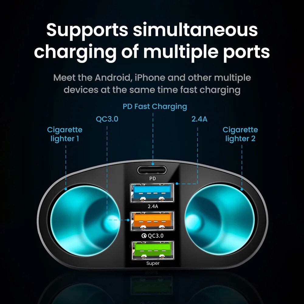 66W Car Charger Fast Charging Cigarette Lighter Adapter 3USB PD Type C Socket Car Phone Charger For iPhone Xiaomi Huawei QC 3.0. 