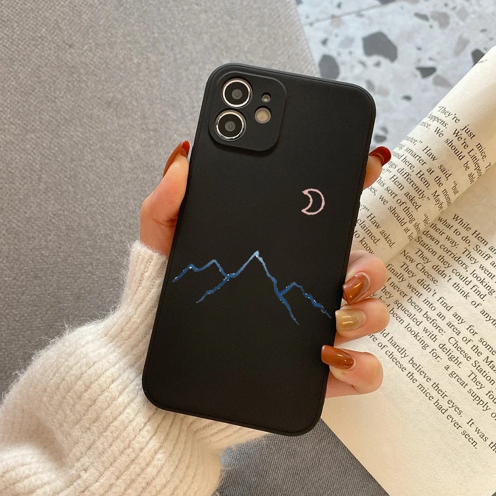 Simple Sun Moon Couple Phone Case for IPhone 11 12 13 14 15 Pro Max XR X XS SE2 7 8 Plus Line Mountain Scenery Matte Cover Shell. 