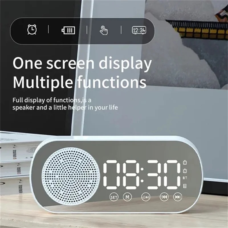 New Desk Speaker Clock Bluetooth Speaker FM Radio Alarm Clock HiFi Sound HD Mirror Screen Support TF Card for Bedroom Clock. 