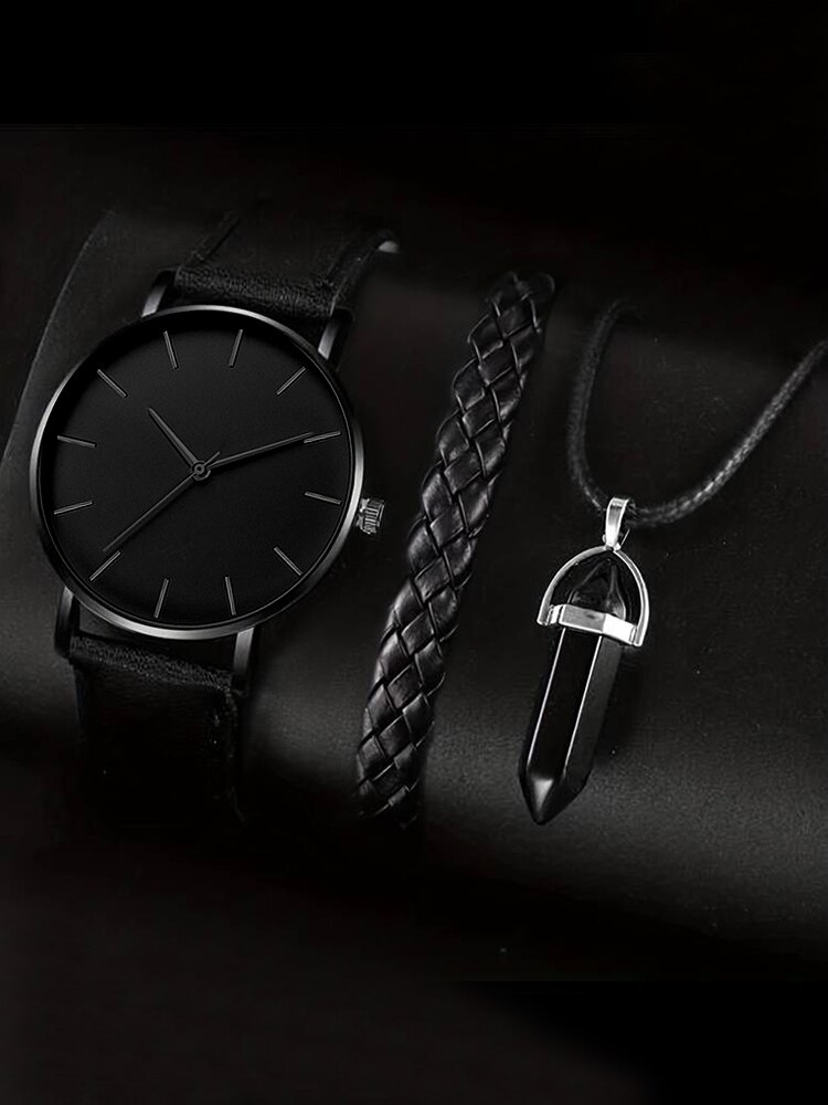 3PCs Men's Simple Round Belt Quartz Watch+Woven Bracelet+Necklace Combination Set