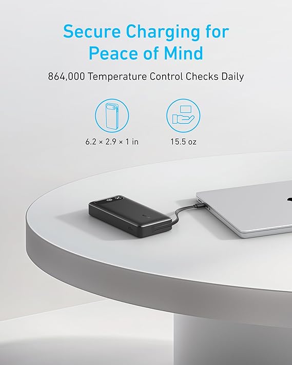 Anker a1383 পাওয়ার ব্যাংক, বিল্ট-ইন 20,000 কেবল সহ USB-C mah পোর্টেবল চার্জার, ল্যাপটপের জন্য 87w ম্যাক্স ফাস্ট চার্জিং ব্যাটারি প্যাক, 2 USB-C কেবল. 