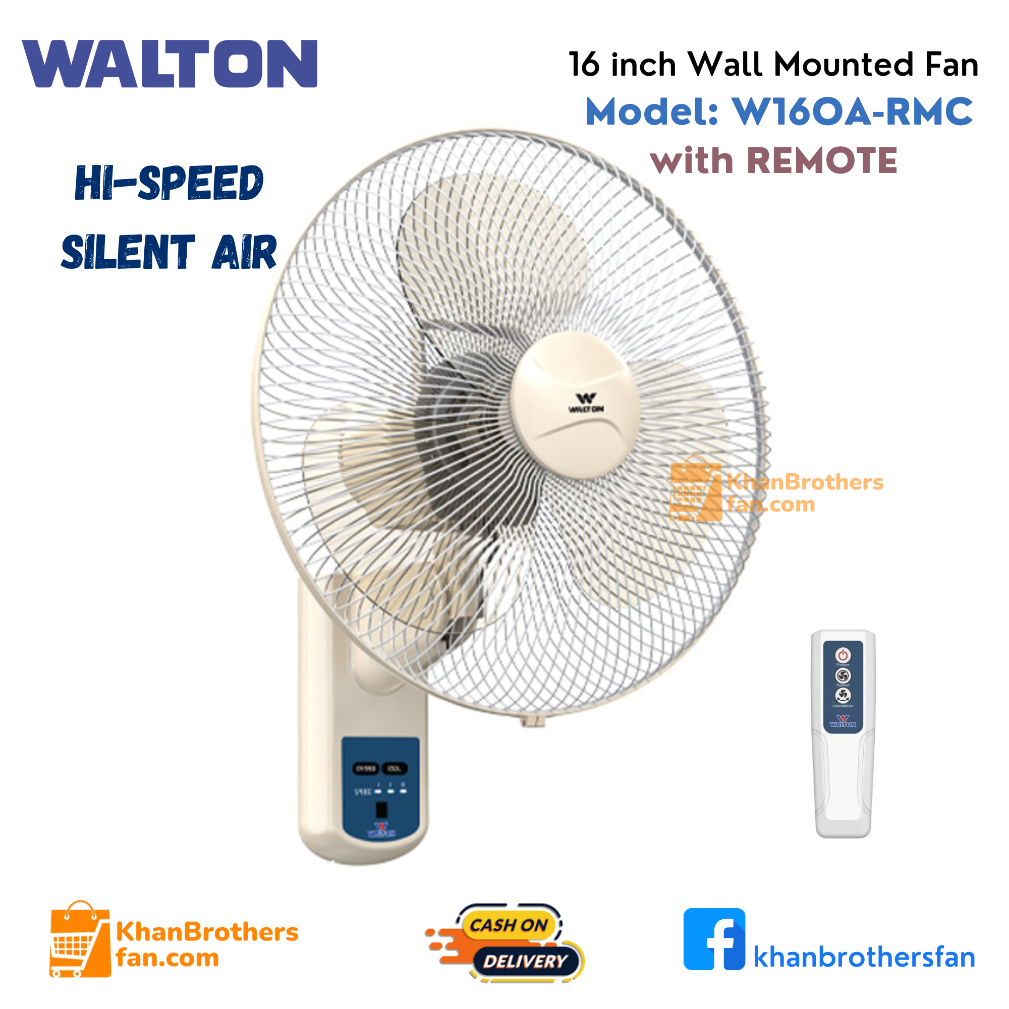 Walton Wall mounted fan with Remote, Size: 16 inch, High Speed (1220 RPM), Model: W16OA-RMC