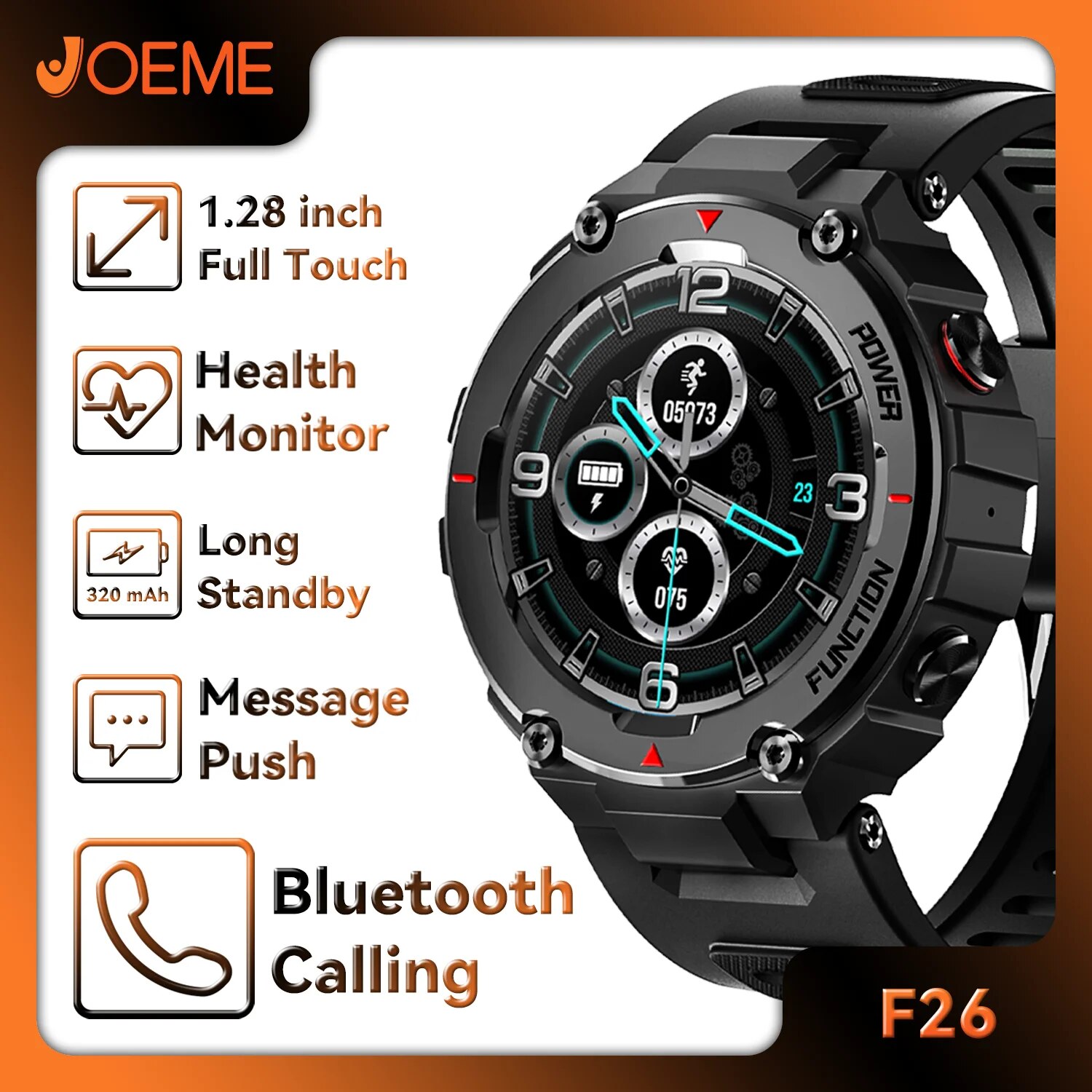 JOEME F26 Bluetooth Call Men Outdoor Military Sport Smart Watch 320mAh Long Standby Heart Rate Blood Pressure Monitor Smartwatch