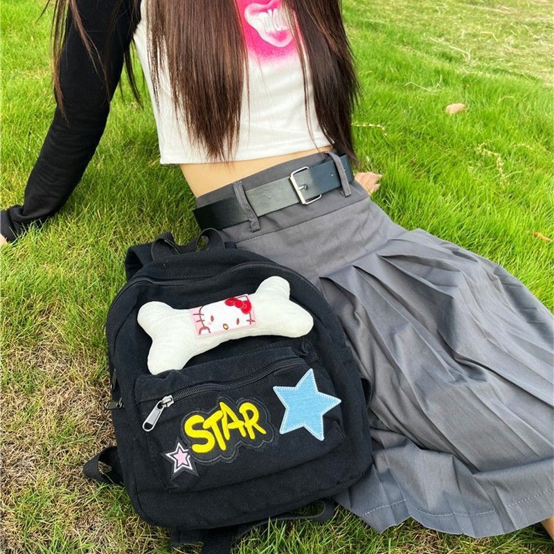 New Cute Bone Black Backpack Letter Design Niche Cartoon Animation Zipper Backpack. 