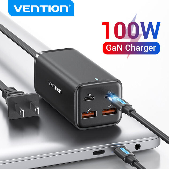Vention 100W GaN Charger fast Charger Type C Adapter iphone Four ports fast charging  2USB-C + 2USB-A Charger Macbook Samsung Xiaomi Huawei Vivo Charger Adapter USB Plug Socket USB C Adapter Quick PD Charger