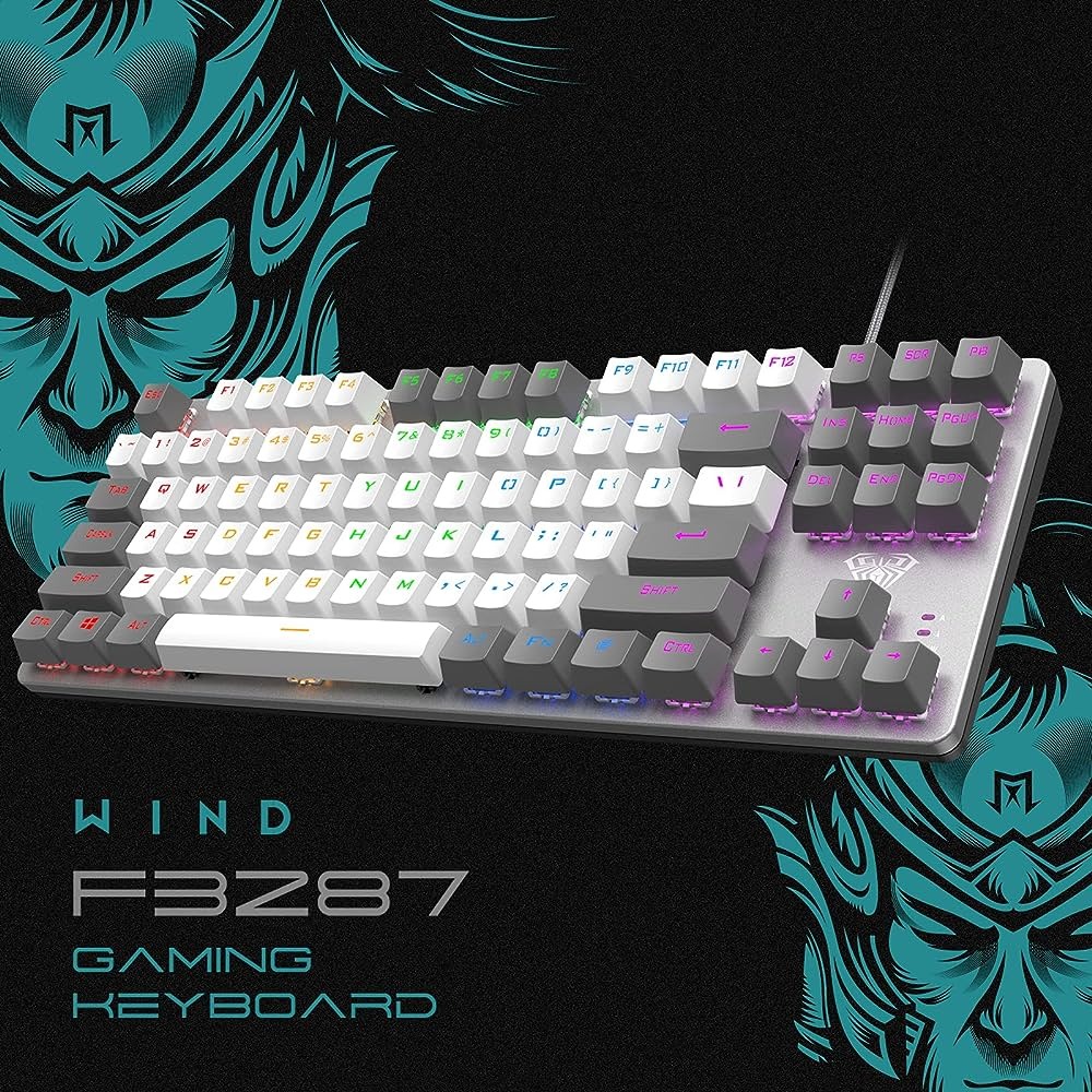 AULA F3287 Wired TKL Rainbow Mechanical Gaming Keyboard, 80% Compact Tenkeyless 87 Keys Layout w/Tactile Blue Switches, White & Grey Mixed-Color Keycaps, Programmable Macro Keys. 