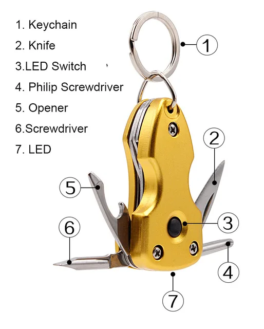 Multi-functional Keychain Knife Outdoor 6-in-1 Folding Mini Screwdriver Stainless Steel Tool Knife with LED Keychain. 