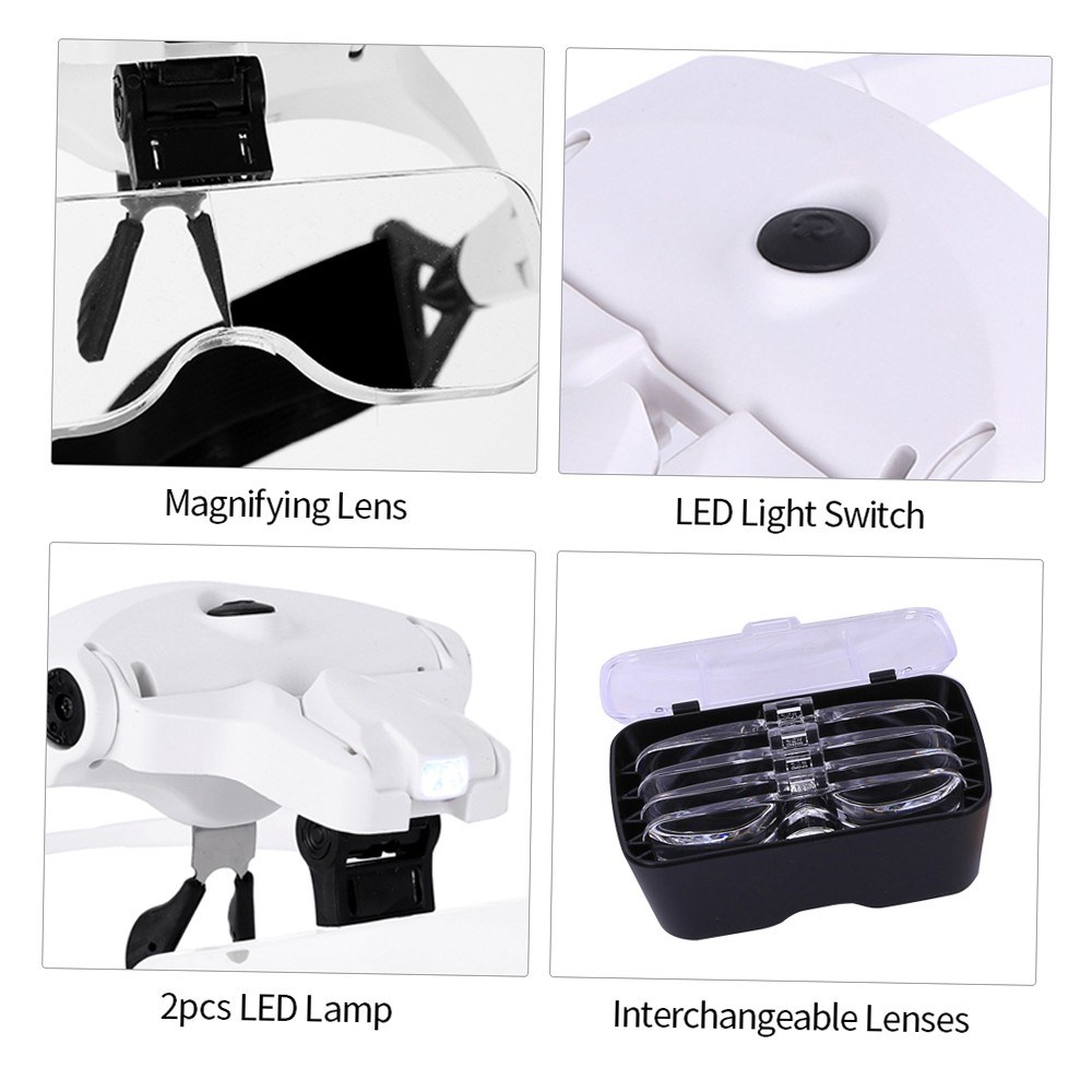 5 Lens 1.0X-3.5X Adjustable Bracket Headband Glasses Magnifier Loupe with 2 LED Lights and USB Charge Goggles Magnifying Tool Rechargeable LED Magnifying Glasses. 