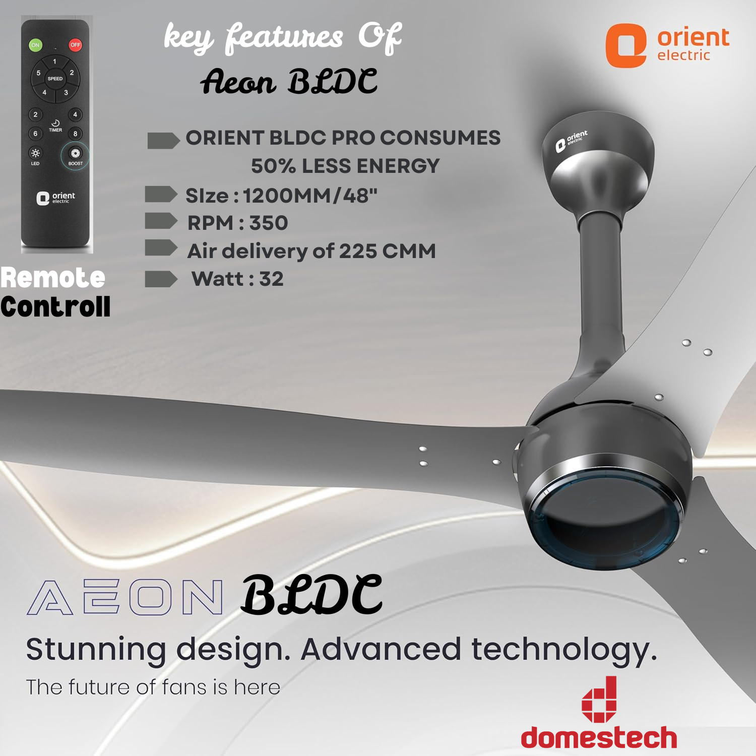 Orient Aeon BLDC PRO Motor 48" Ceiling Fan with Remote (Cloud Grey)