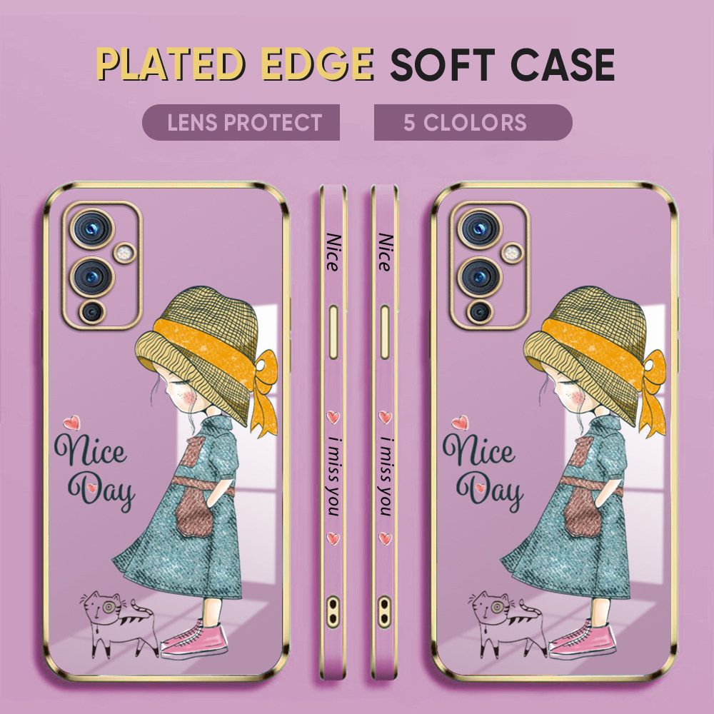 For OnePlus 9 Back Cover Luxury 6D Plating Lovly Girl Side Pattern Soft Silicone Square Mobile Phone Case. 