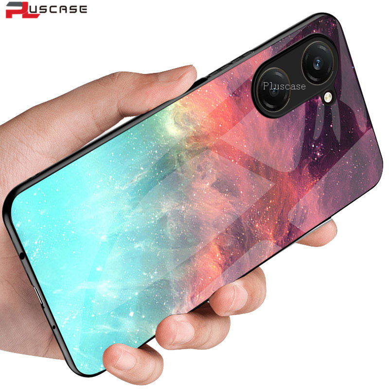 PlusCase for Vivo Y03 Y03t Y18 Y18s 4G Y28s 5G Case Glass Nebula Pattern Hard Shockproof Phone Back Cover