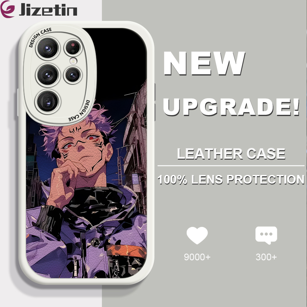 Jizetin for Samsung S22 Ultra 5G Back Cover Ryomen Sukuna Lambskin Texture PU Leather Back For Girls Boys Soft Phone Case