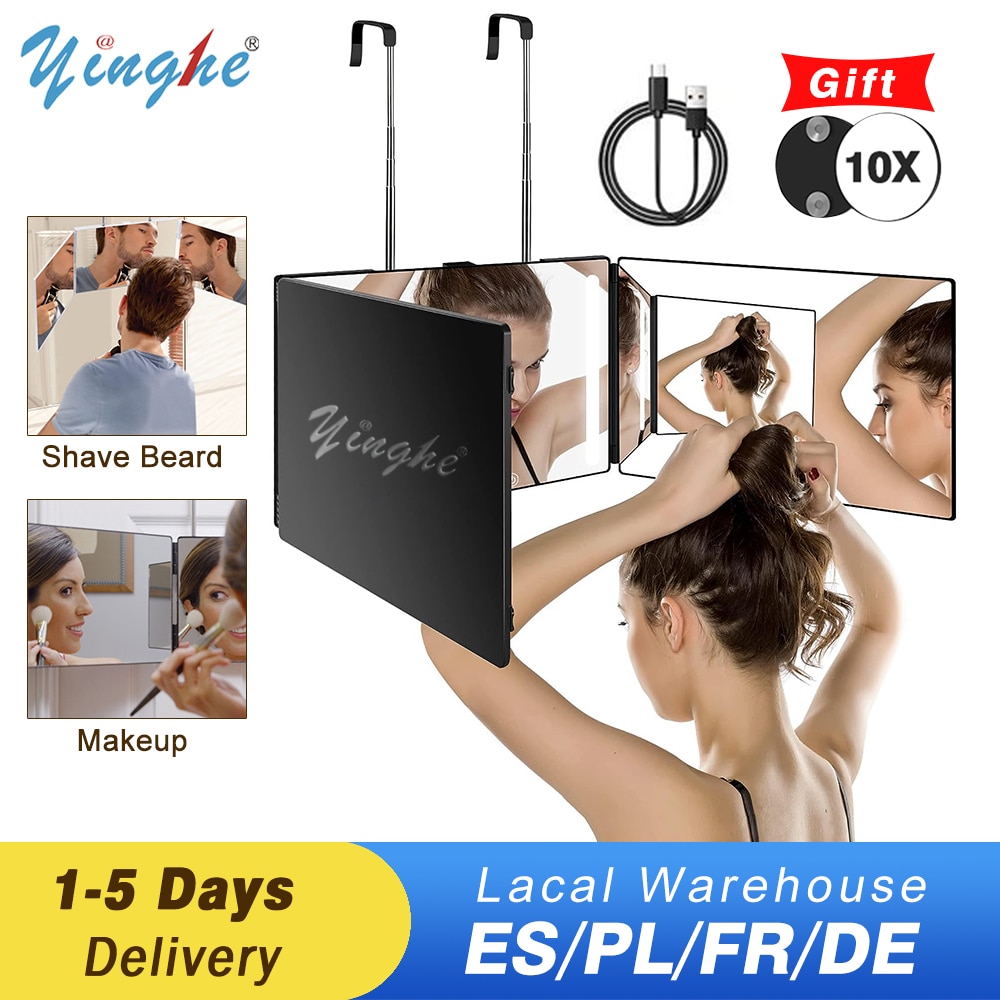 3 Way Mirror for Self Hair Cutting 360° Mirror with LED Lights, Trifold Self Haircut Mirror Rechargeable with Height Adjustable