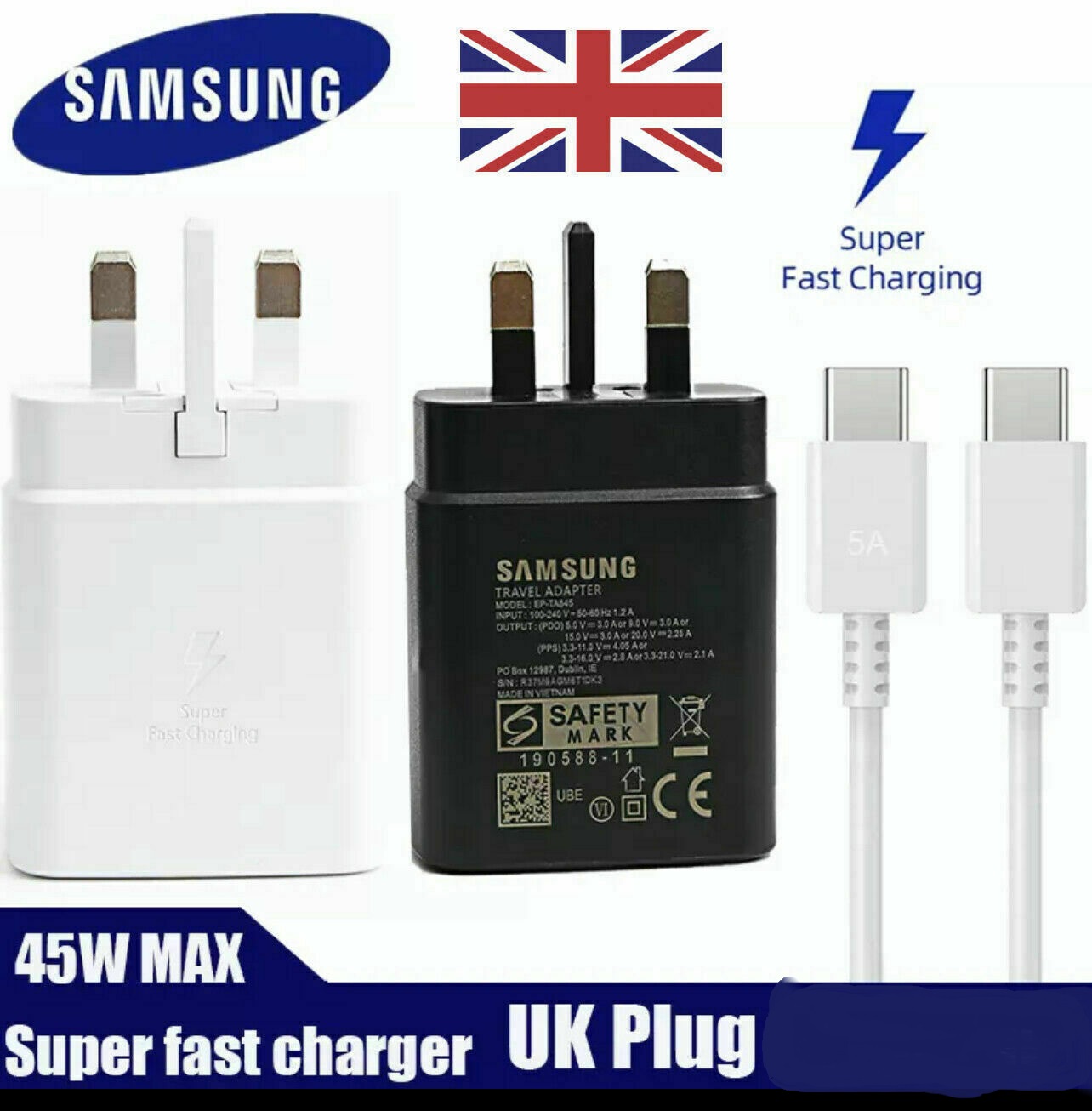 For Samsung Galaxy S24 Ultra 45W Super Fast Charger PD 3.0 UK EU USB Type C Fast Charging Adapter 45Watt Maximum with EP-TA845 For Samsung GALAXY S23 Ultra S22 Ultra S22 Plus S21 Ultra Note 20 Ultra Note 10 Plus 5G A91 Note 10+ S23