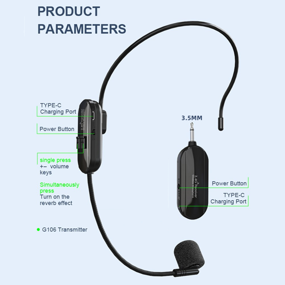 2.4G Wireless Microphone Headset Mic For Voice Amplifier Speaker Karaoke Computer Teaching Meeting Yoga Singing.