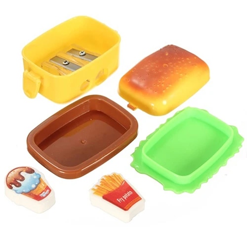 1Pc Cute Hamburger Pencil Sharpener with Two Rubbers Erasers Student Stationery. 