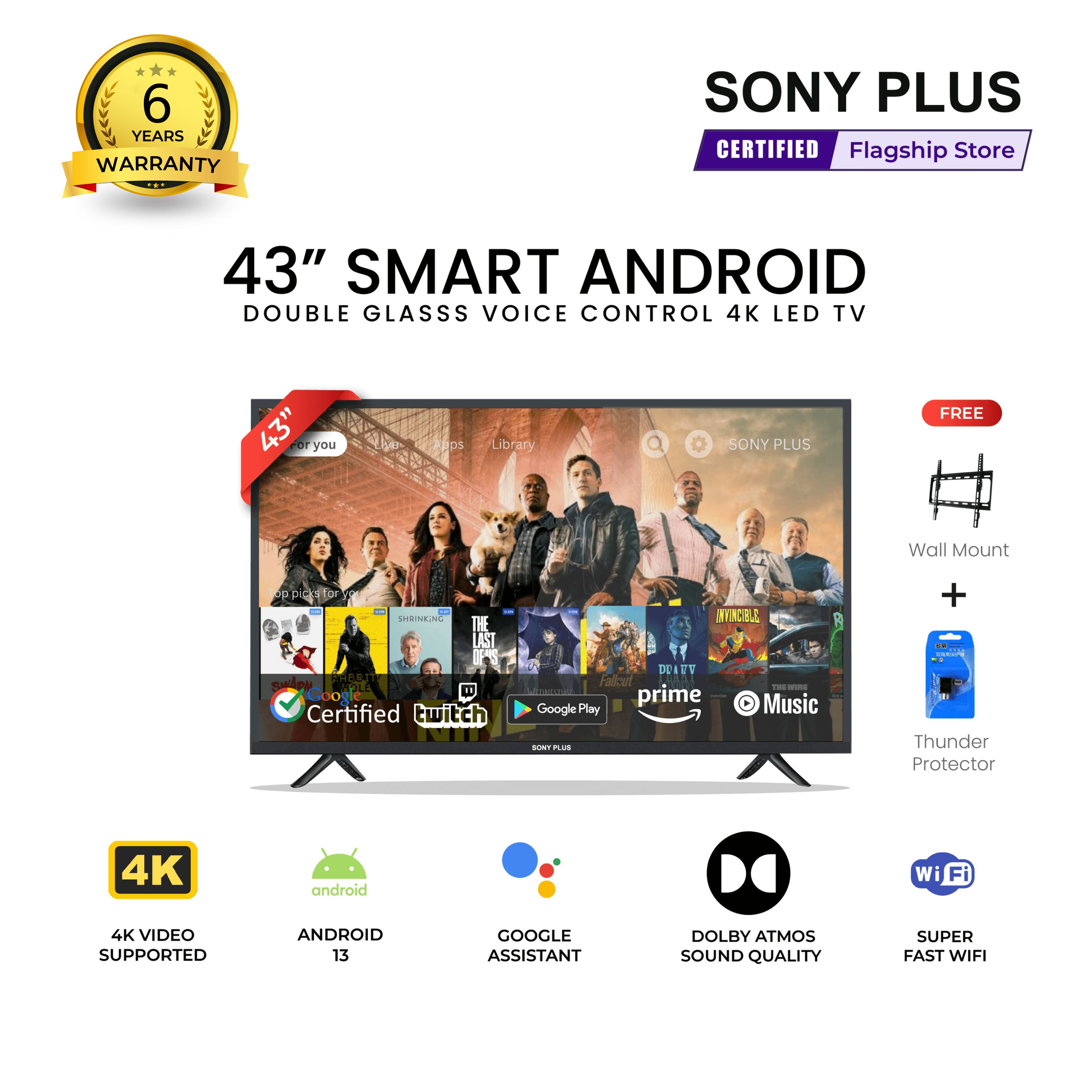 Sony Plus 43" 4K UHD Smart Android TV with Voice Control, Dolby Audio, and HDMI Connectivity