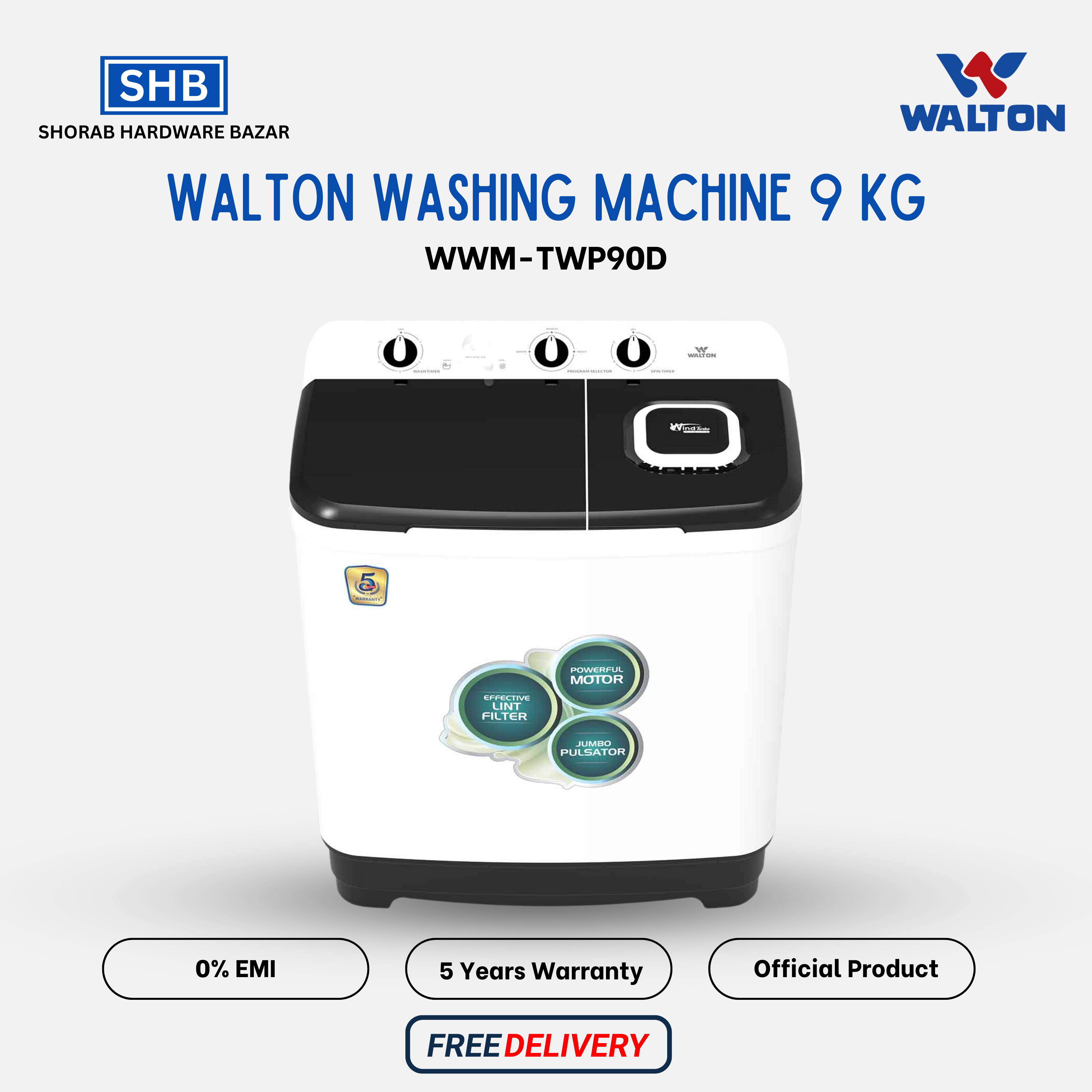 Walton WWM-TWP90D (9kg Twin Tub Semi-Auto Washing Machine) with Free Delivery
