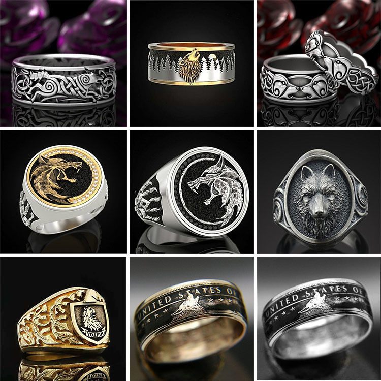 Azure wish domineering wolf head hipster men's ring series cross-border retro distressed temperament ring factory direct sales
