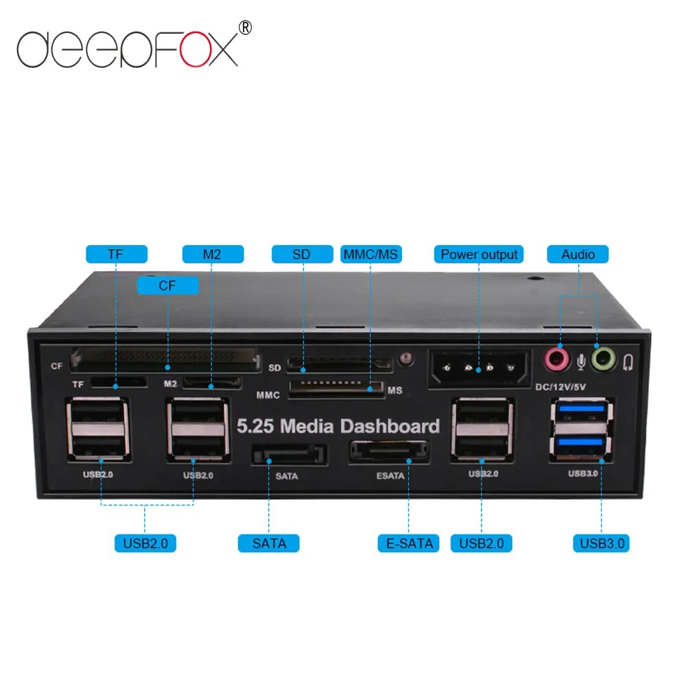 DeepFox Multifuntion 5.25 Media Dashboard Card Reader USB 2.0 USB 3.0 20 Pin e-SATA SATA Front Panel for Optical Drives Bay