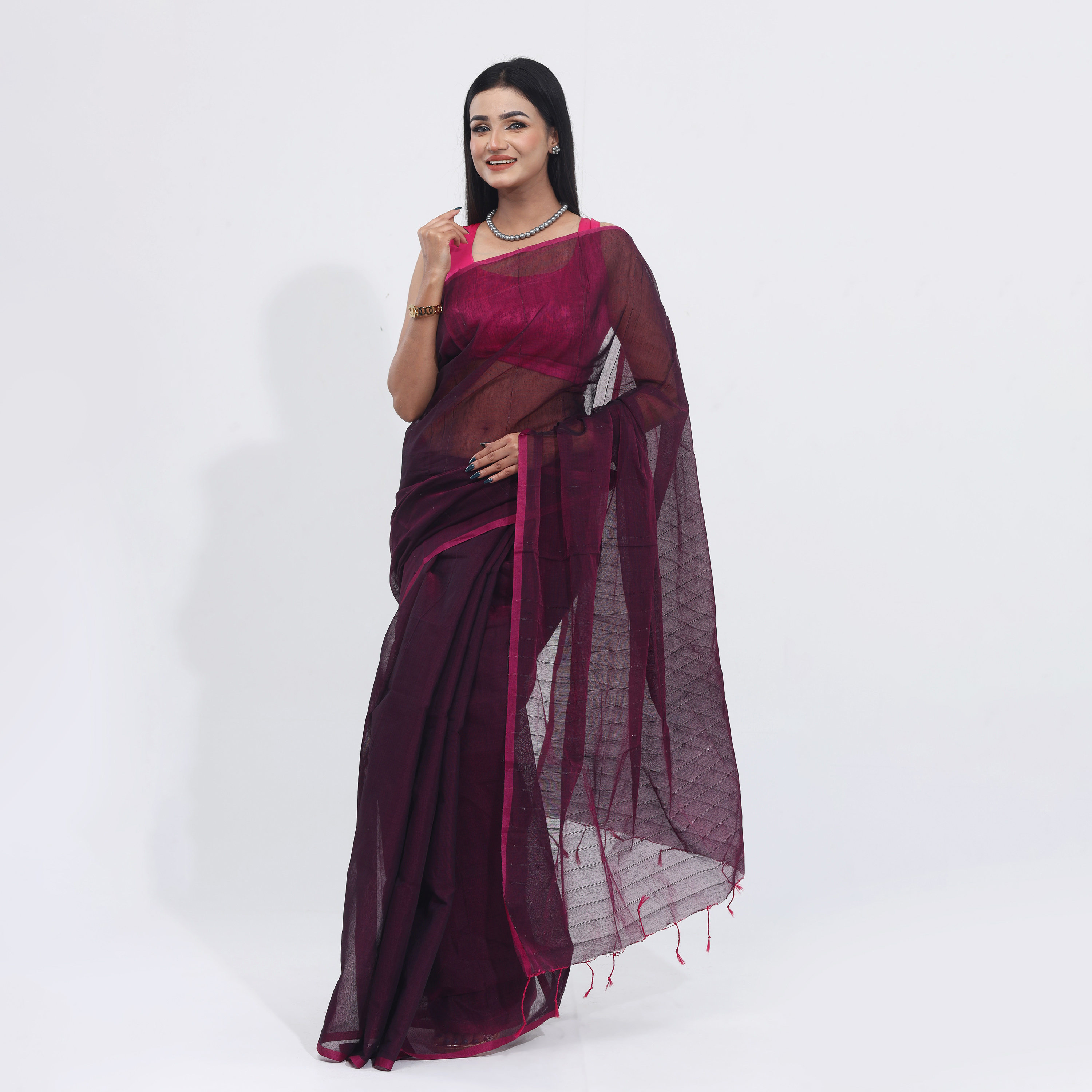 Elegance Redefined-Trendy Collection Tangail Tant Half Silk One Color Chumki Saree -Suitable for Every Season. 