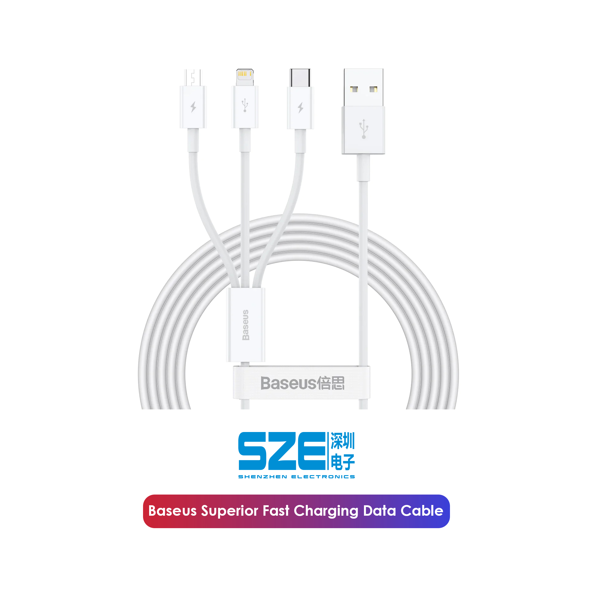 Baseus Superior Series Fast Charging Data Cable USB to M+L+C 3.5A 1.5m White. 