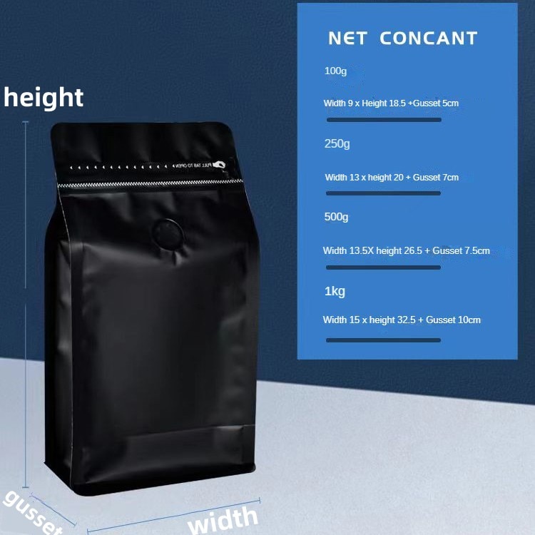 50PCS 100g 250g 500g 340g 1kg Matt Black Square Bottom Foil Laminated Coffee Bag Packaging With T-Zipper And One-way Valve. 