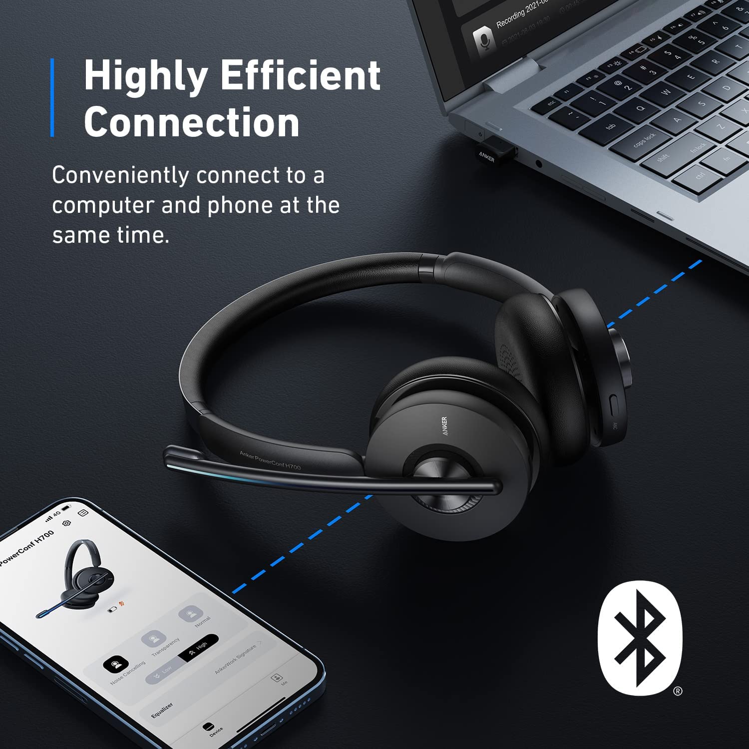 Anker PowerConf H700 Upgraded Version Bluetooth Headset with Mic and Charging Stand Digital Active Noise Cancelling. 