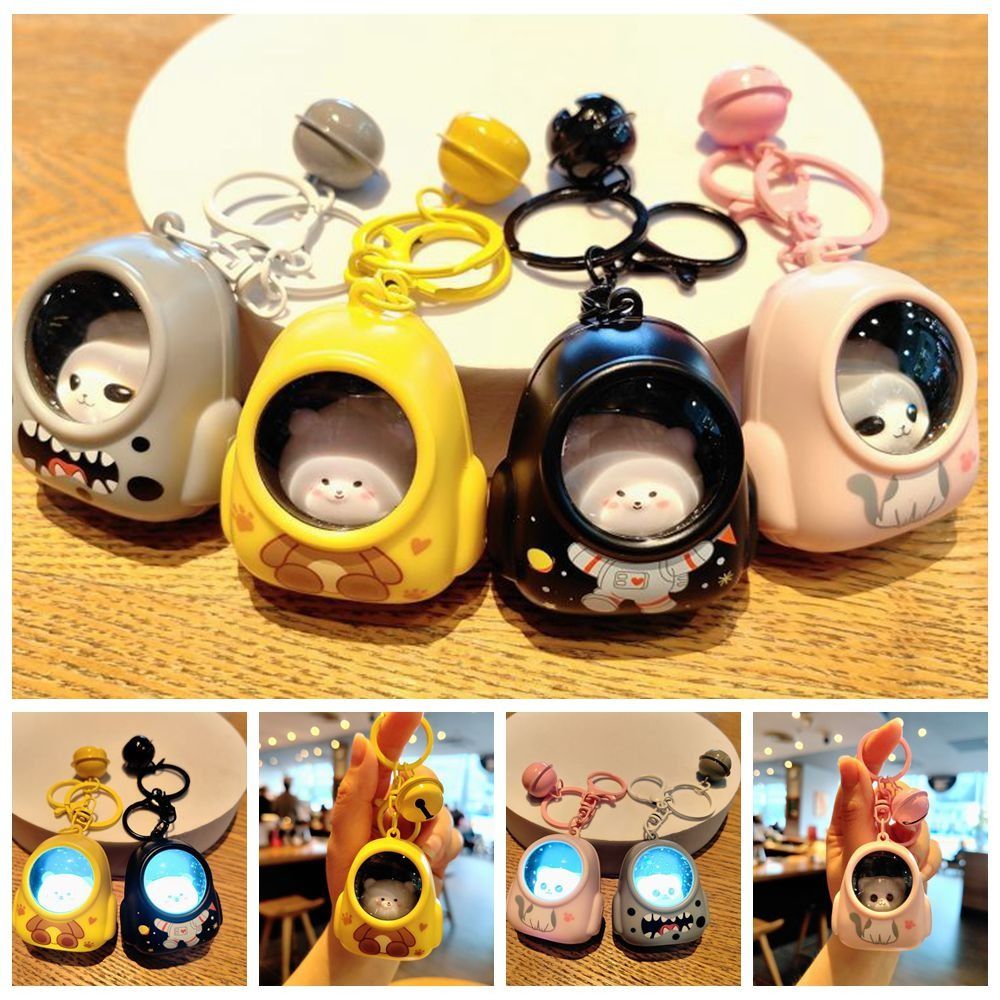 Creative Gift with Ring Bell Backpack Lights Key Chain Cute Key Ring Ornaments Cartoon Kawaii Keychain Yellow Color Cat Pattern Bag Pendants Keyring. 