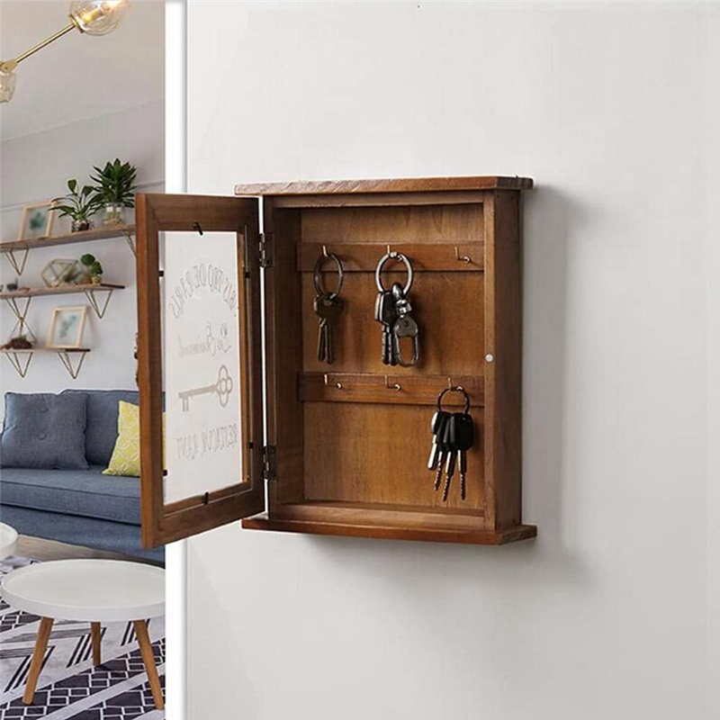 Wooden Key Box, Retro, Wall, Key Cabinet with Magnetic Door, Solid Wood Storage with 6 Hooks Easy Install Easy to Use -B. 