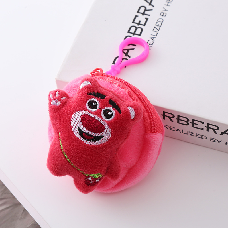 Plush cute strawberry bear coin purse cartoon animal head headphone bag school bag pendant keychain claw machine small gifts