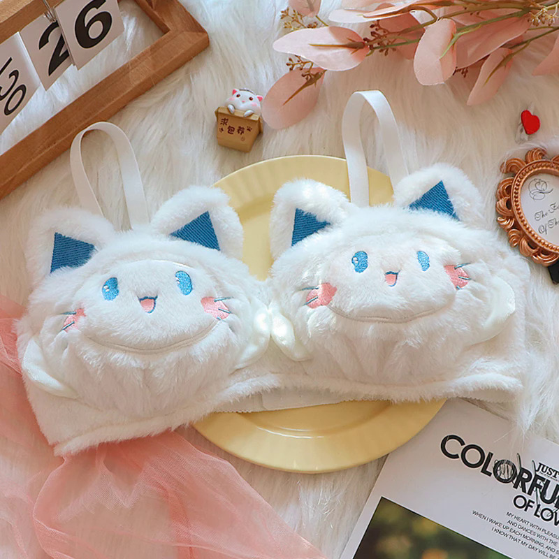 Cat fall and winter limited to cute plush underwear confortable women lingerie non-steel ring bra set to keep warm bralette. 