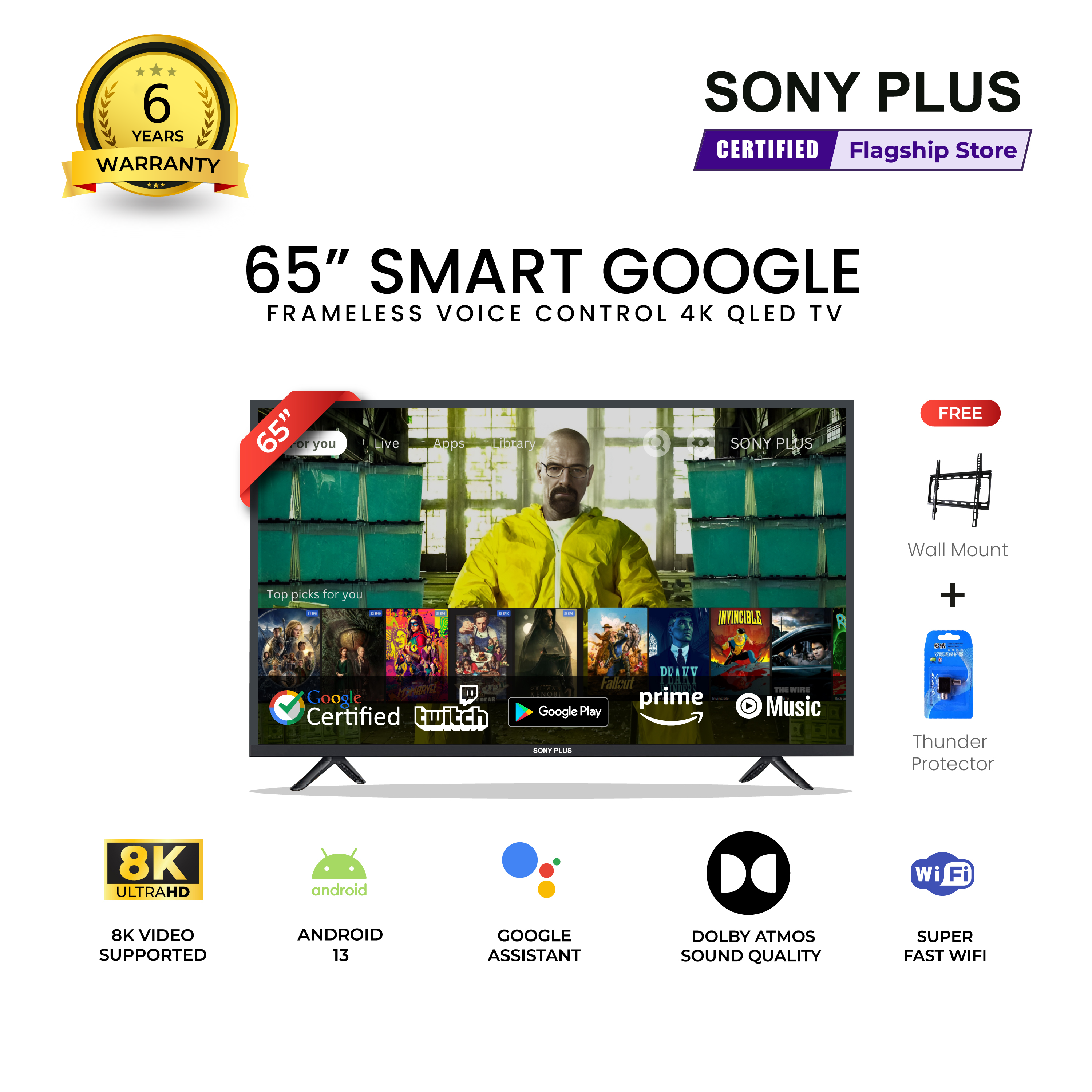 Sony Plus 65 inch Frameless Voice Control Google QLED TV Wi-Fi UHD 8K Supported Google Television