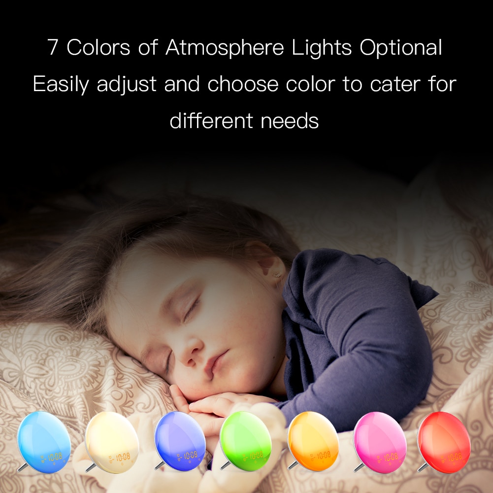 WiFi Smart Wake Up Light Workday Alarm Clock with 7 Colors Sunrise/Sunset Smart Life Tuya APP Works with Alexa Google Home. 