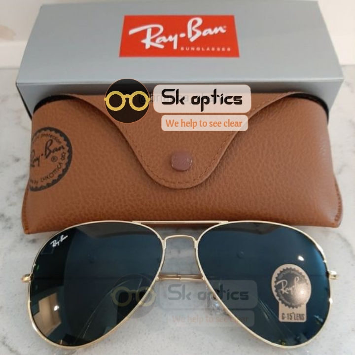 golden color ray ban aviator sunglasses metal body green lens