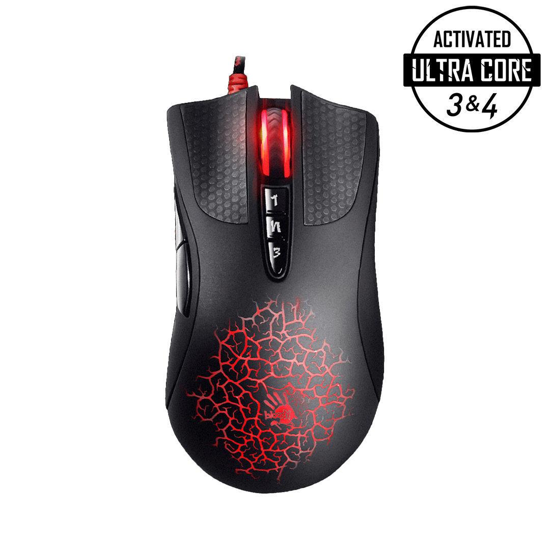 A4tech Bloody A90 Light Strike Gaming Mouse - Adjustable 6200 CPI - Metal X'Glide Armor Boot - 6 Sniper Modes - Wired - Ultra Core 3&4 Activated - Black. 