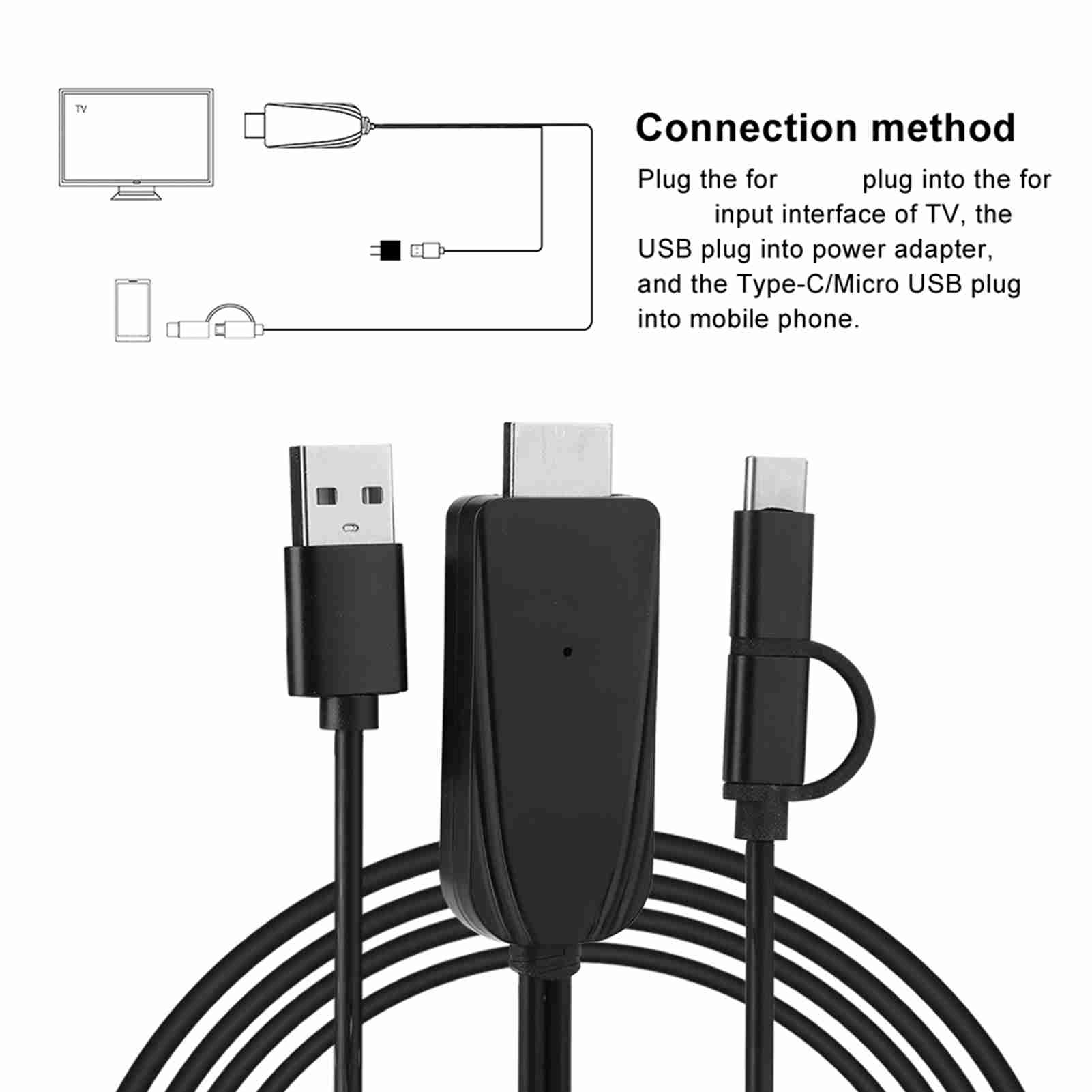USB/Type-C 2M HDMI Cable, USB-C to HDMI Screen Mirroring Cabl Support Bluetooth/Miraplug APP for Monitor for TV. 