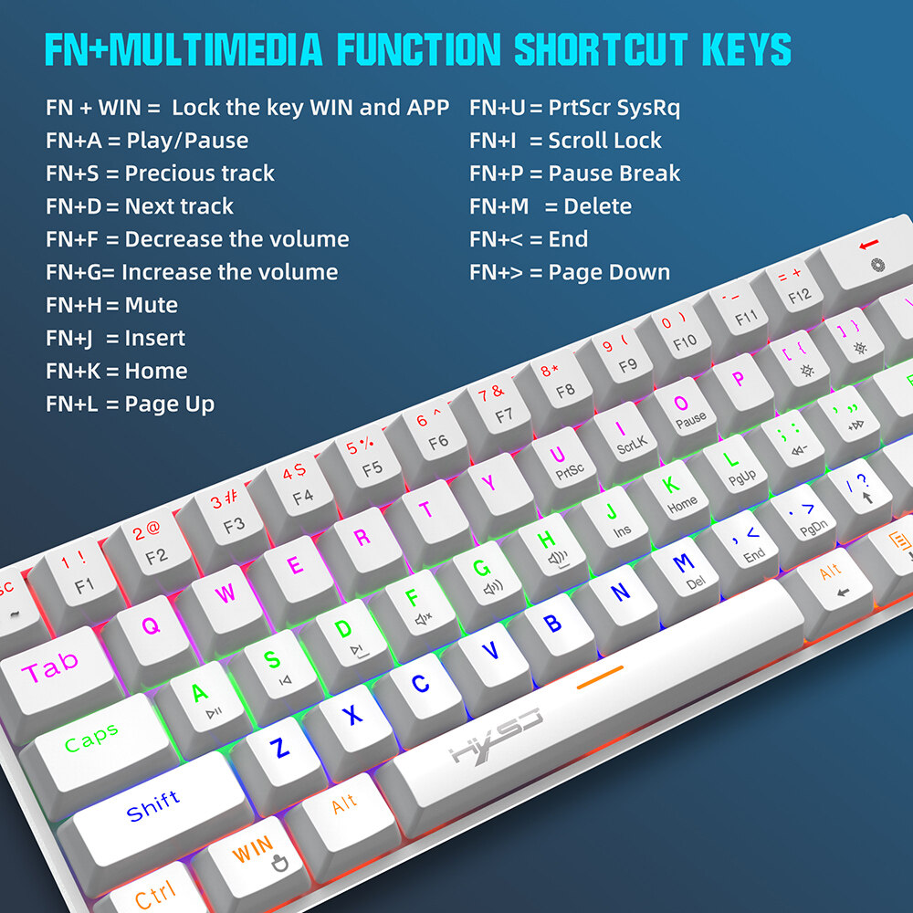 HXSJ V900 Wired 61 Keys Compact Mechanical Keyboard RGB Backlit Keyboard N-key Rollover Blue Switch Double Shot Keycaps, White. 