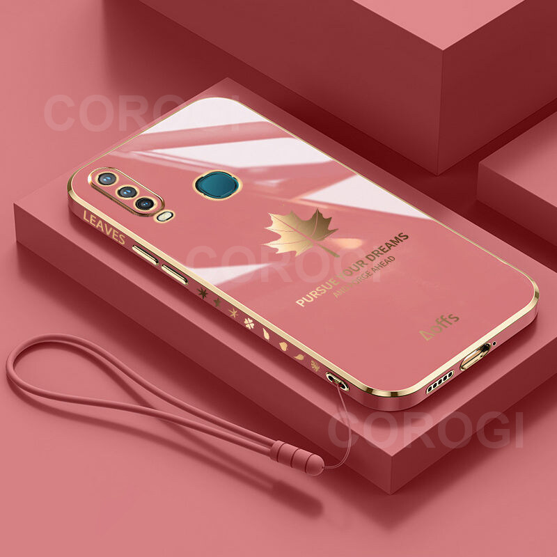 COROGI for Vivo Y17 Back Cover with Lanyard Luxury 6D Plating Maple Leaf Side Pattern Soft Silicone Square Mobile Phone Case. 