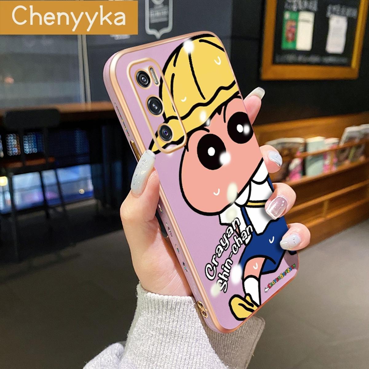 Chenyyka For vivo V20 SE Case New Cartoon Side Design Plating Phone Case Square Edge Pattern Silicone Casing Cartoon Cute Crayon Full Back Cover Camera Protection Cases SoftCase