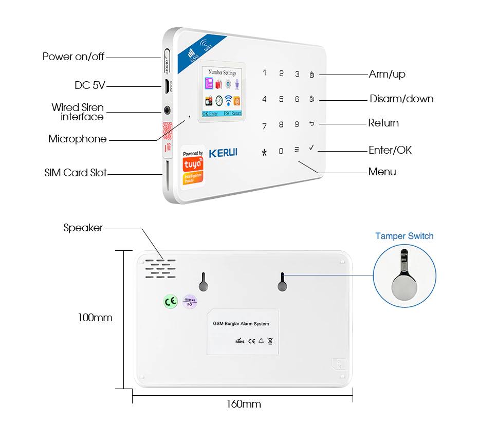 KERUI W181 WIFI GSM Tuya Smart House Security Alarm System Burglar  Devices App Control Siren Wireless Compatible with wireless PIR sensor, door sensor, smoke detector, gas detector, panic button. 