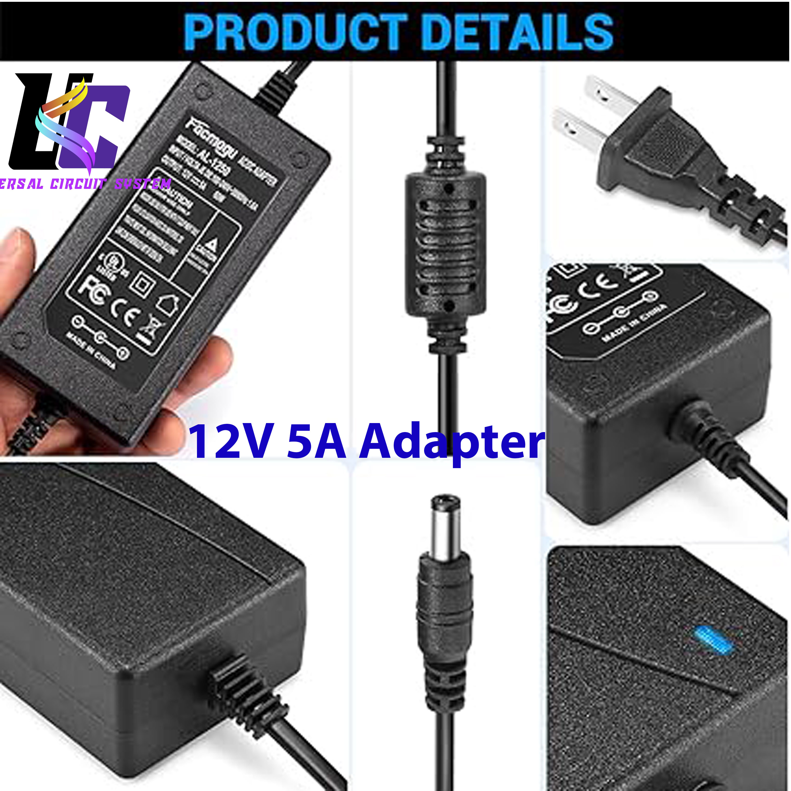 220V to 12V 5A Power Supply Led Strip Light Transformer Input with 5.5x2.1mm 60W AC DC Adapter. 