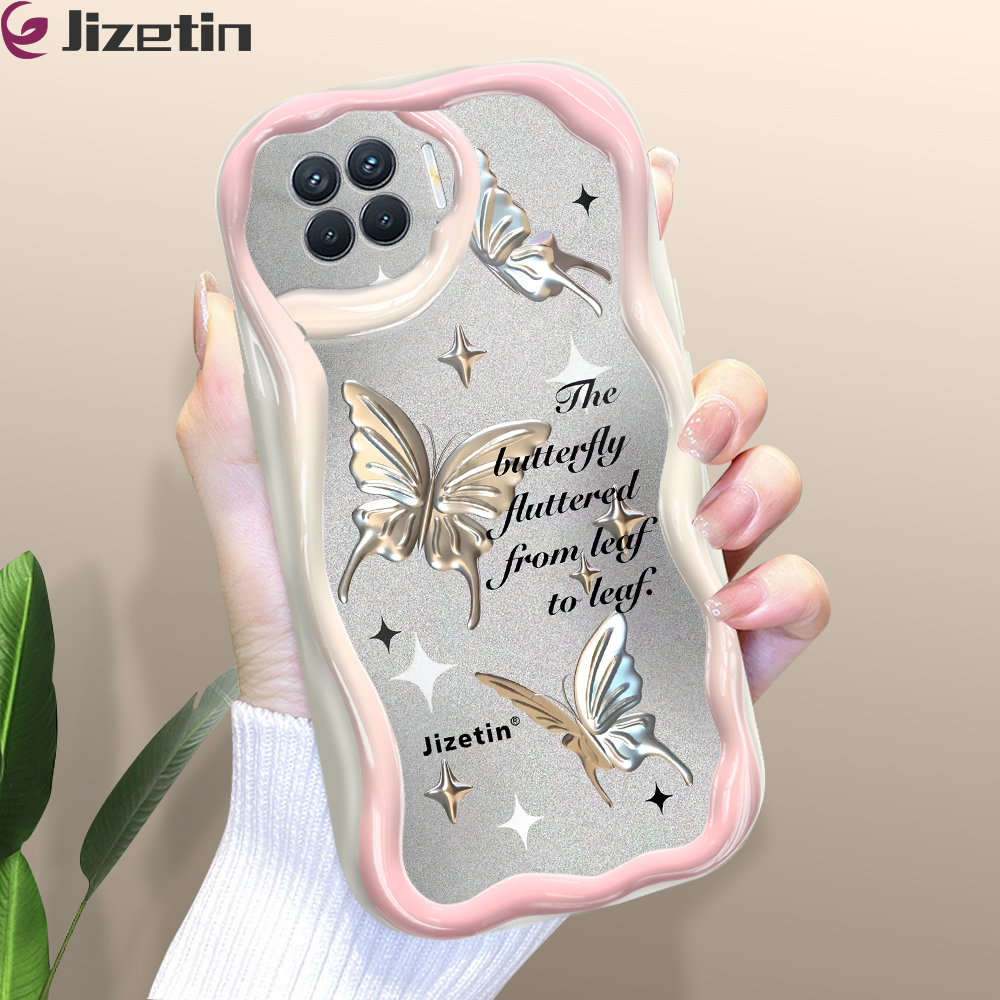 Jizetin for OPPO F17 Pro / A93 2020 / Reno4 F Back Cover Cartoon Golden Butterfly Cream Texture Wavy Edge Soft Silicone Phone Case