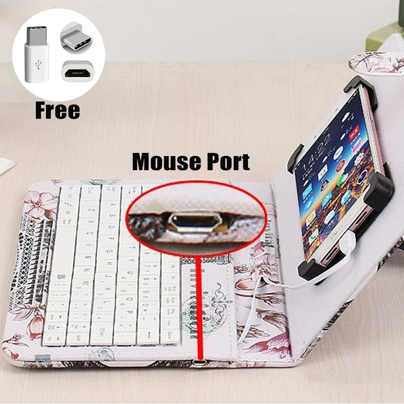 Portable Type-C/Micro-Usb Wired Phone Keyboard Mouse Set With PU Leather Cover ,Phone Keyboard and Mouse for Android With OTG Function For Online Classroom Learning Home Office Android Cellphone Keyboard. 