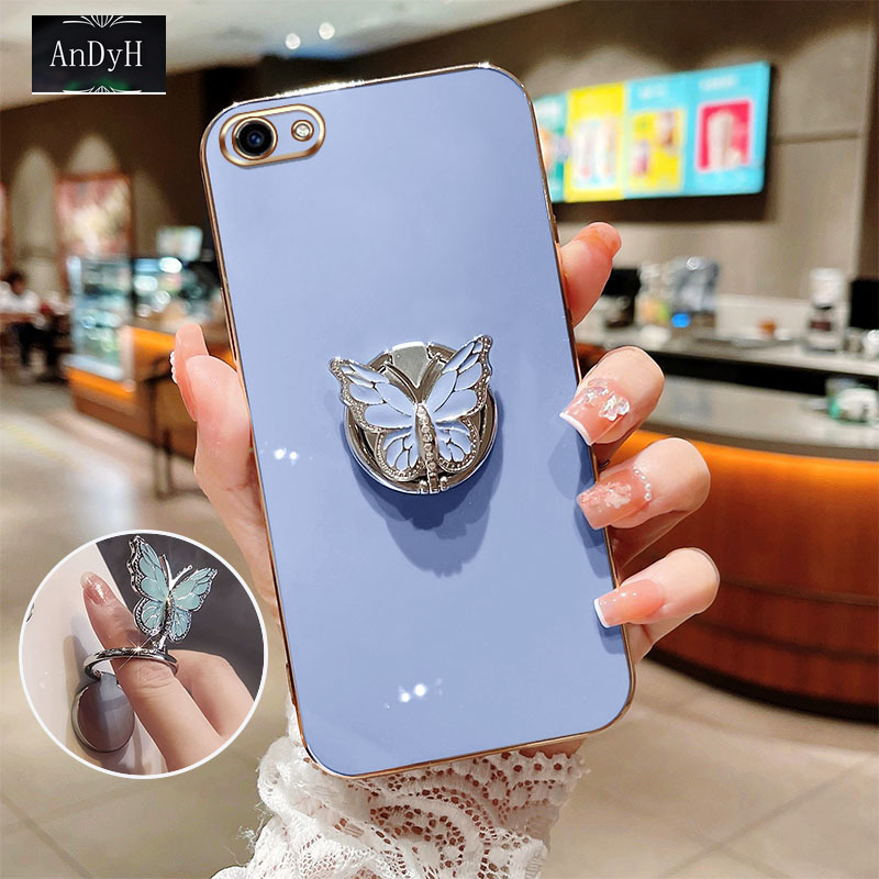 AnDyH Butterfly Ring Holder Phone Case Vivo Y81 Y83 Y81i Y71 Y71i Y79 V7 Plus Y75 V5 Lite Vivo 1724 1801 1812 1808 1803 1609 Rotating Belt Drill Silicone Soft Shell Anti Drop